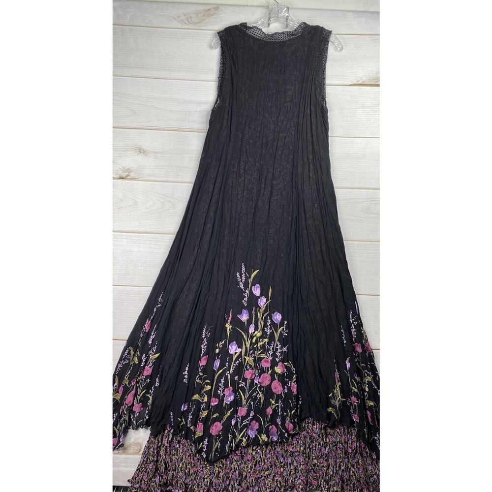 Lola P Floral Maxi Dress L Black Lined Layered Crinkled Sleeveless Whimsygoth - Picture 9 of 10